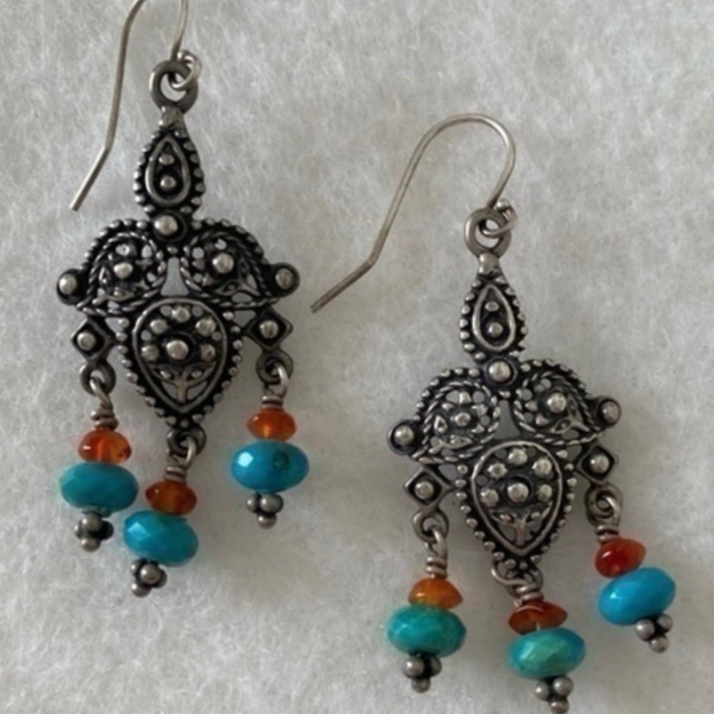 Sundance 925 silver turquoise carnelian beaded tassel chandelier drop earrings